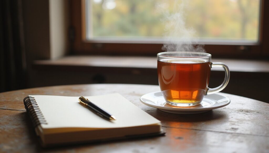 Tabletop with therapy journal, pen, and glass of tea on wooden desk, soft morning window light, shallow shadows, DSLR 50mm lens, f/1.8, macro texture of paper fibers and steam, cinematic realism, high resolution RAW photo.