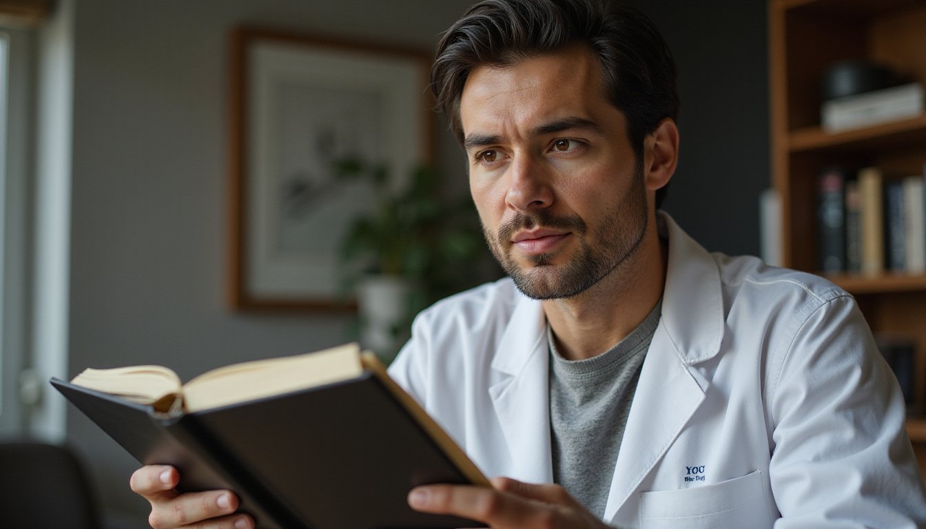 Addiction specialist reviewing continuing education binder at desk, candid close-up of thoughtful expression,natural skin textures with subtle pores and wrinkles, soft daylight across face, DSLR 85mm lens, f/2.0, cinematic shallow depth of field, RAW photo, no text, no title, no signage, no captions, no logos, no labels.