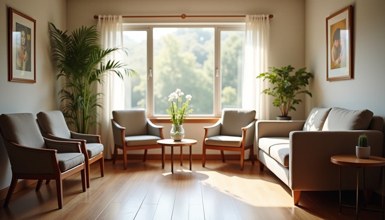 A calm setting of a room with neutral colors and sunlight