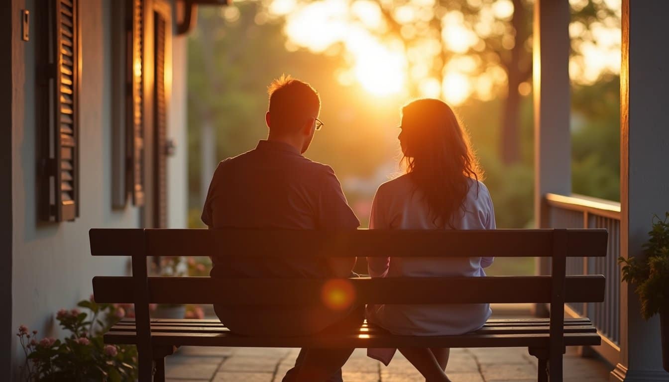 A couple sitting together enjoying sunrise in their balcony