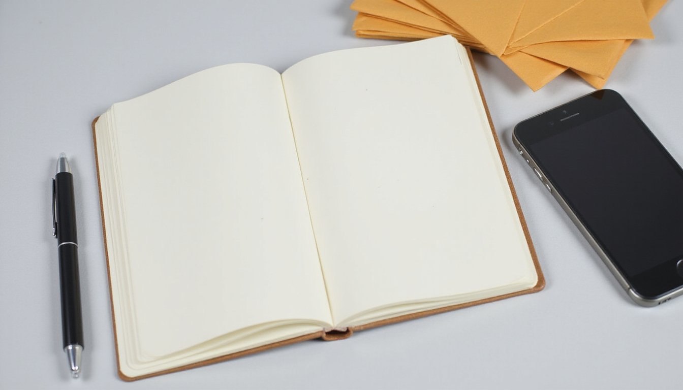 Open notebook with blank pages, pen beside it, a phone face-down, a small stack of folded envelopes