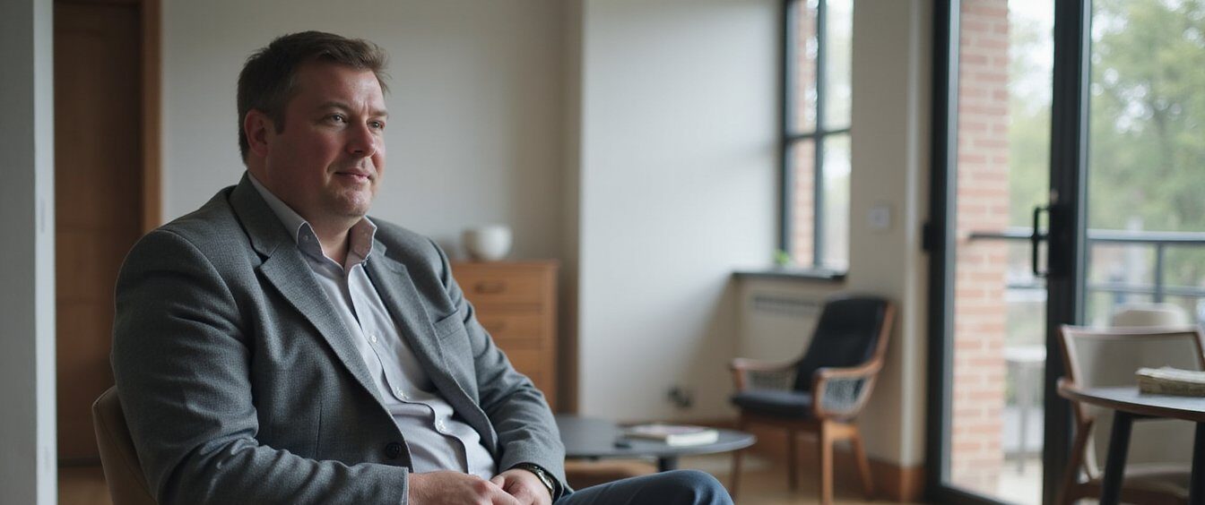 One adult seated indoors in a neutral, non-descript interior